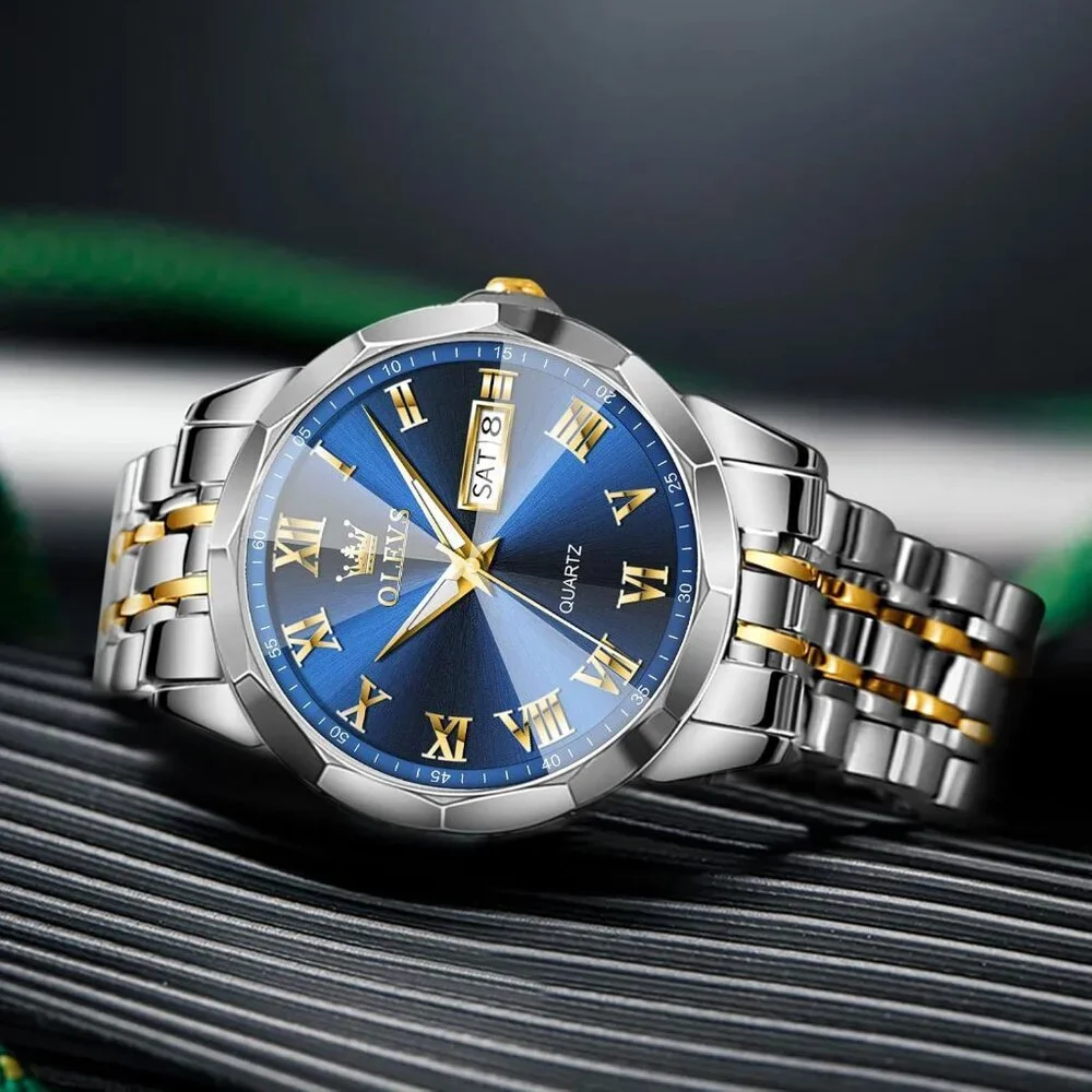 Olevs Men's Silver Gold- Blue Steel Stain Waterproof Stain Luminous Wrist Watch