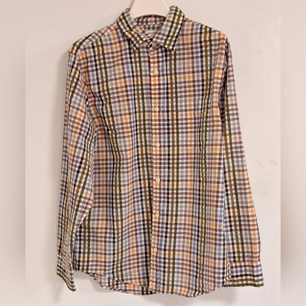 Banana Republic Plaid Shirt Green, Orange, & Brown Long Sleeve Men's 16-16 1/2