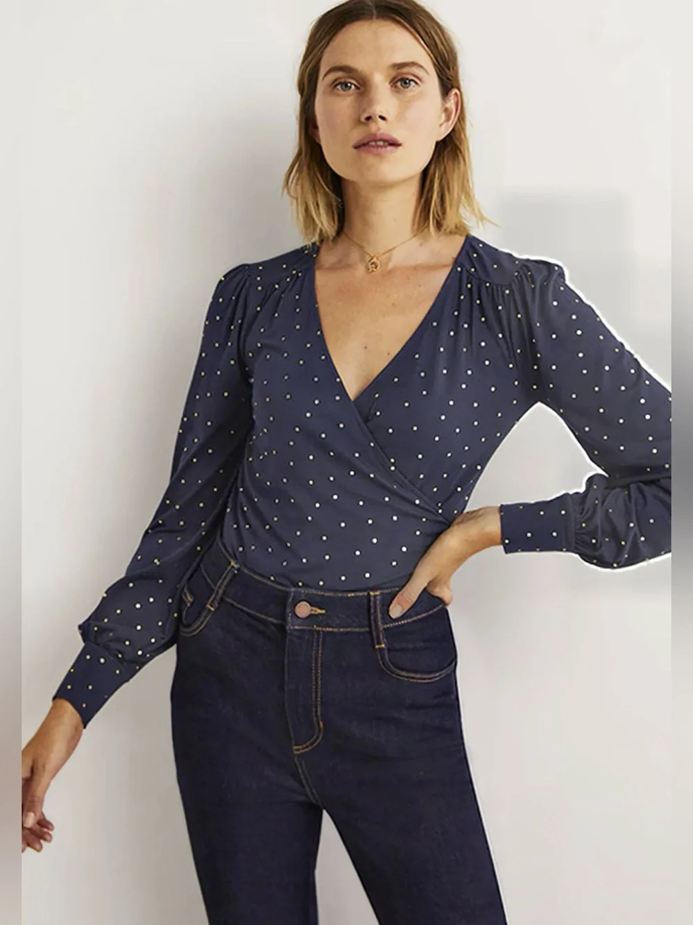 NWT BODEN Blouson Wrap Top Navy blue Gold Polka Dot Size 16/18