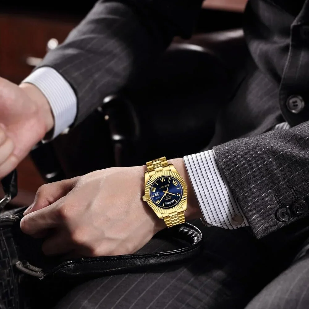 Men's Gold Blue Stainless Steel Analog Classic Design Stylish Wrist Dress Watch