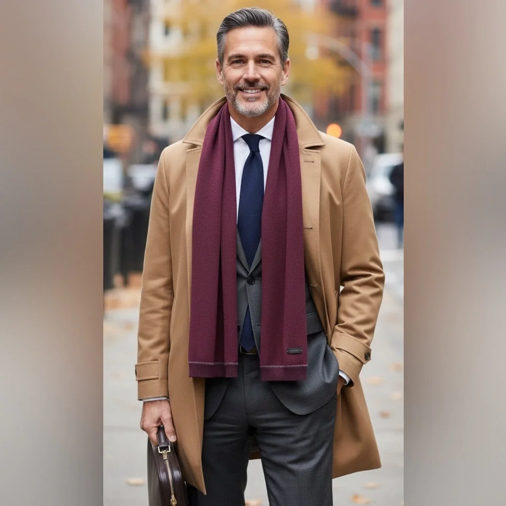 John Varvatos Mens Plated Pick Stitch Scarf Garnet/Cast Iron Merino Wool.