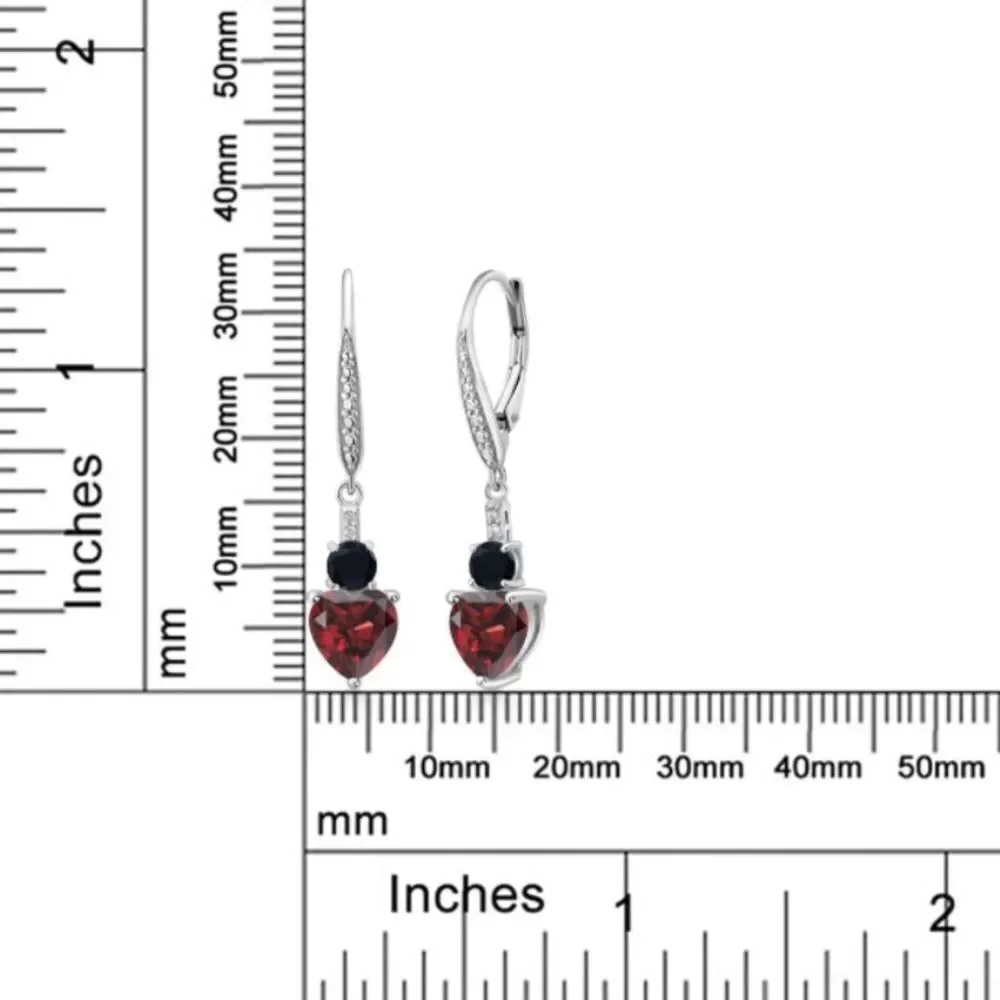 925 Sterling Silver with 3.07 Cttw Red Garnet and Black Onyx Heart Drop Earrings