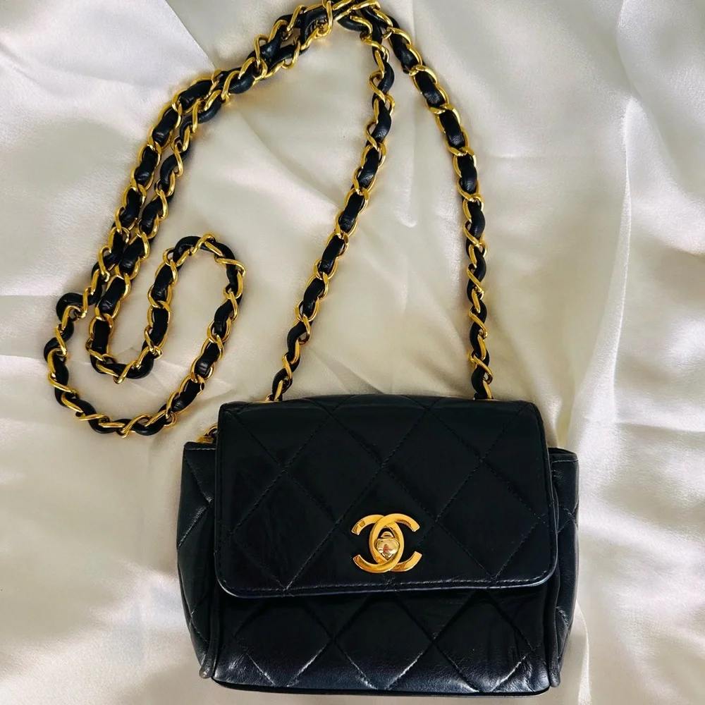 Chanel 1994 Mini Black Quilted Crossbody with Gold Chain