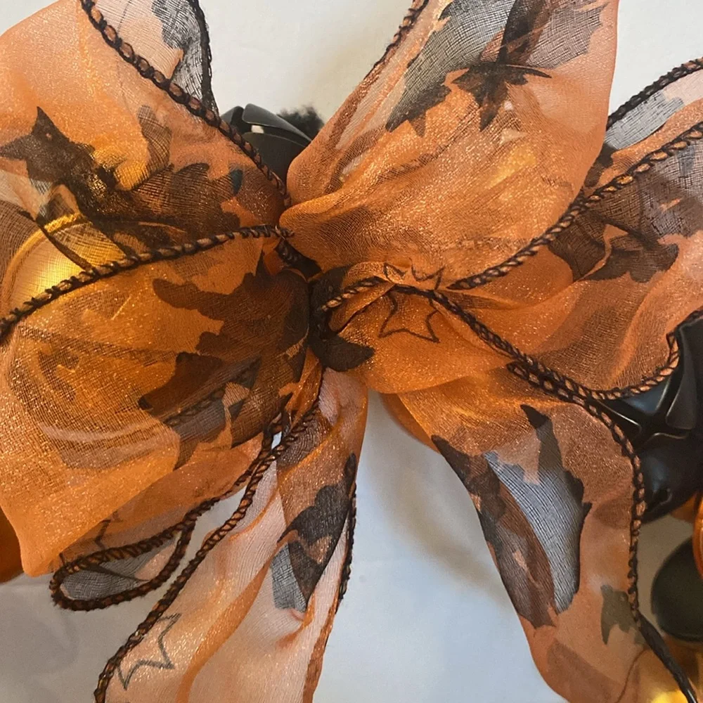 Halloween pumpkin black / orange bell hanging door wreath 11”