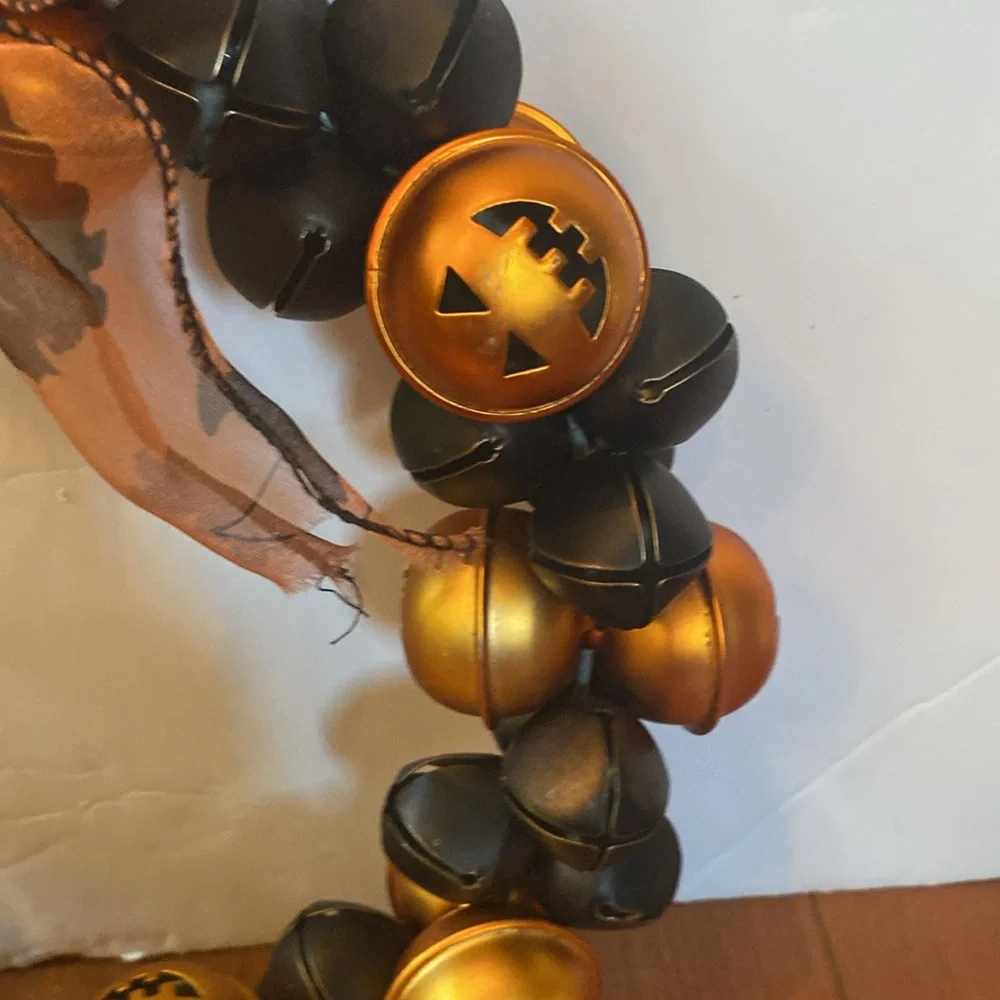 Halloween pumpkin black / orange bell hanging door wreath 11”
