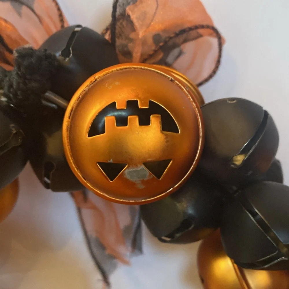 Halloween pumpkin black / orange bell hanging door wreath 11”