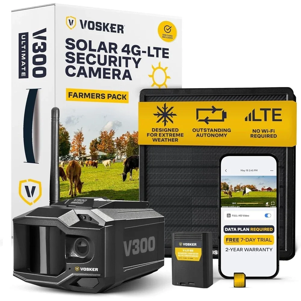 Vosker V300 Ultimate Farmers Pack Outdoor Security Camera with External Solar Pa