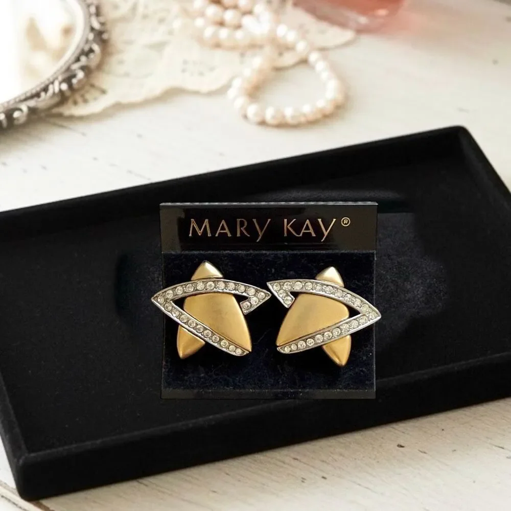 Mary Kay Vintage Brushed Gold Tone Rhinestone Star Clip Earrings NEW