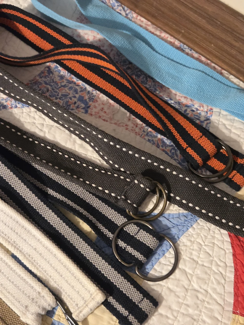 Assorted Fabric D-Ring Belts - Blue, Black, White, Tan Set Of 7 One Says Size 6
