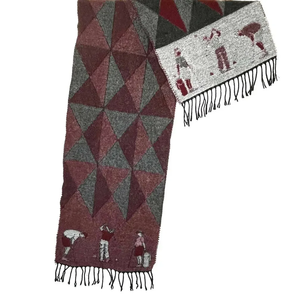 VINTAGE‎ Modena Made in Italy Retro Golf Theme Scarf Fringe Ends Green Burgundy