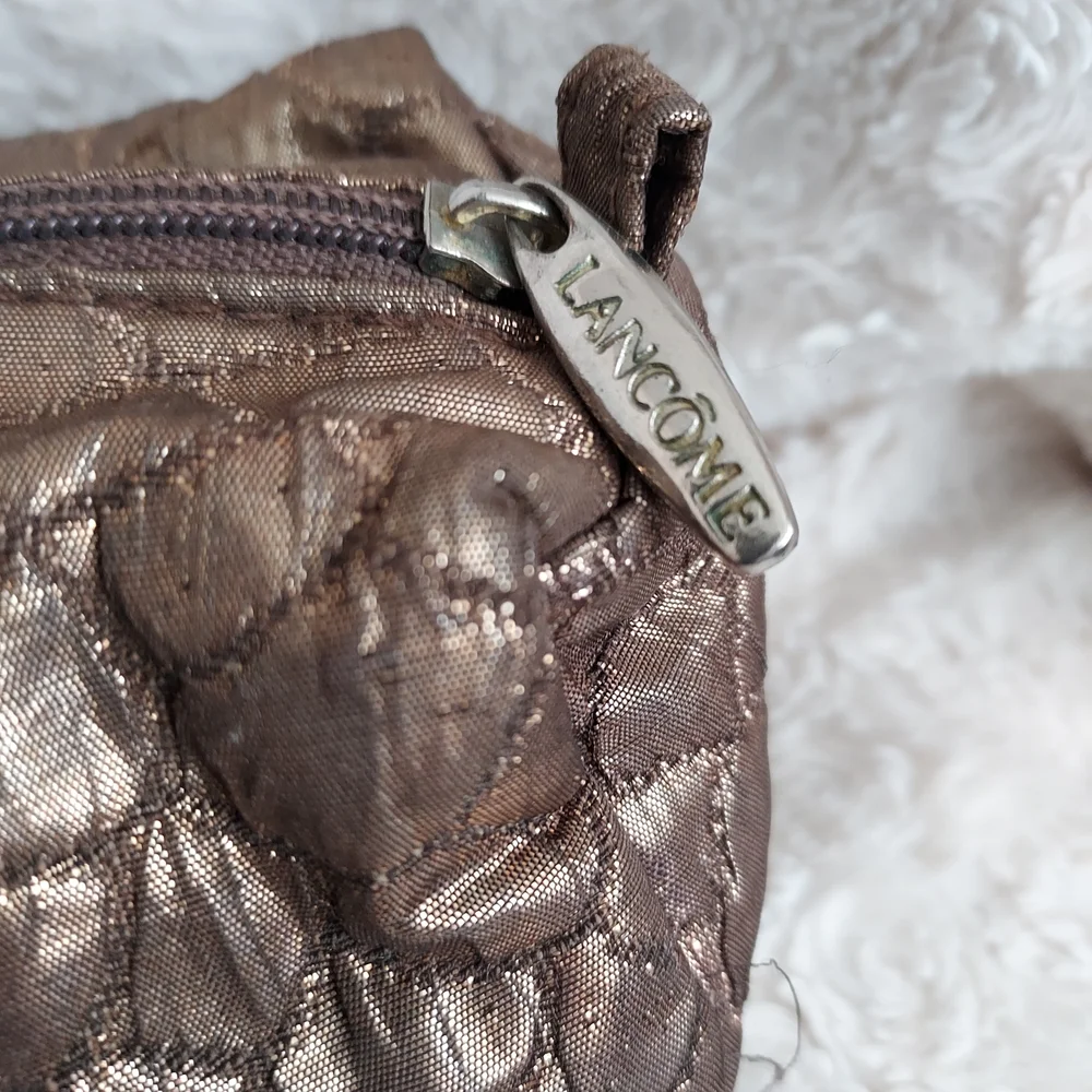 Chic Lancome Bronze Brown Quilted Textured Cosmetic Bag Metallic