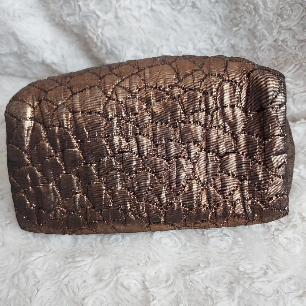 Chic Lancome Bronze Brown Quilted Textured Cosmetic Bag Metallic