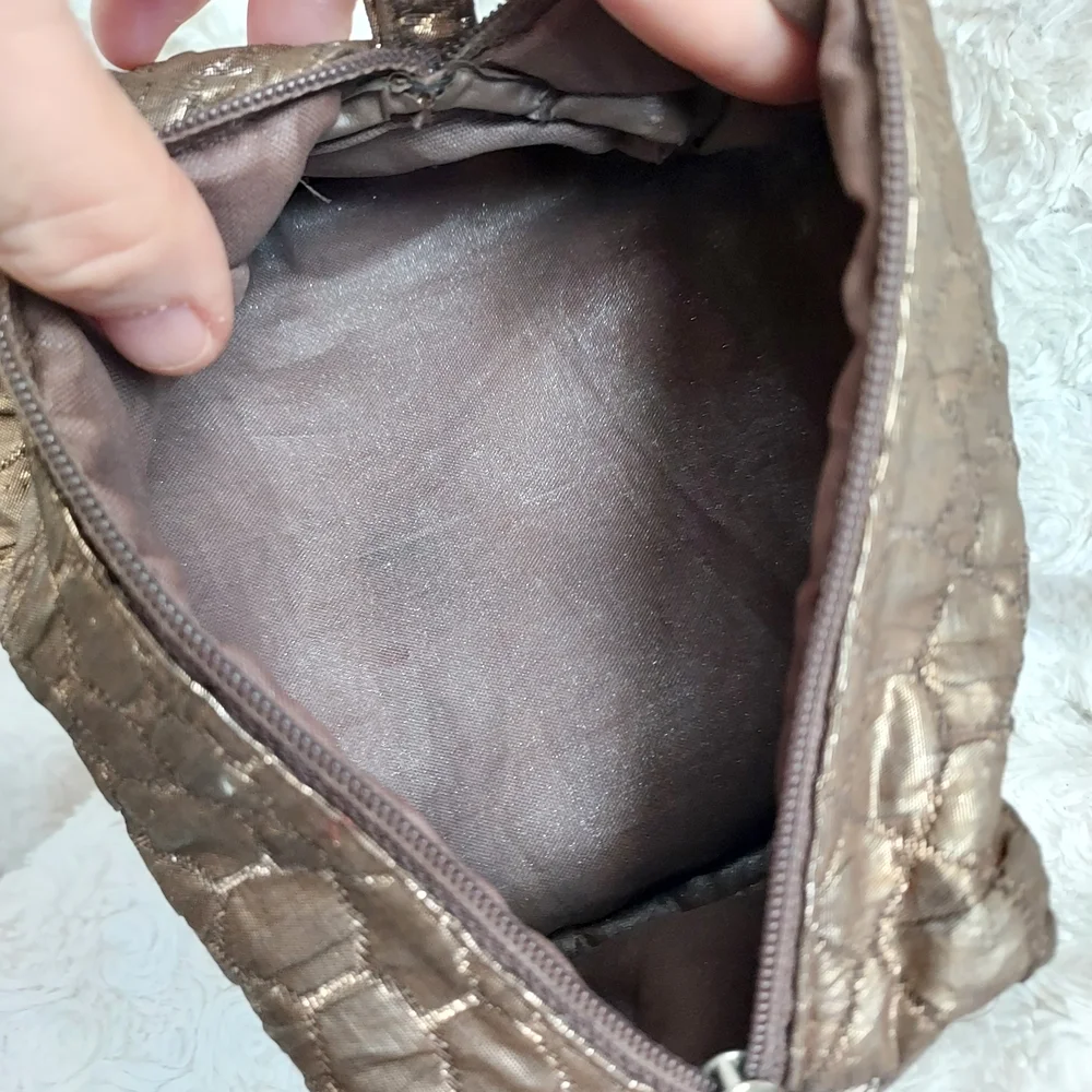 Chic Lancome Bronze Brown Quilted Textured Cosmetic Bag Metallic