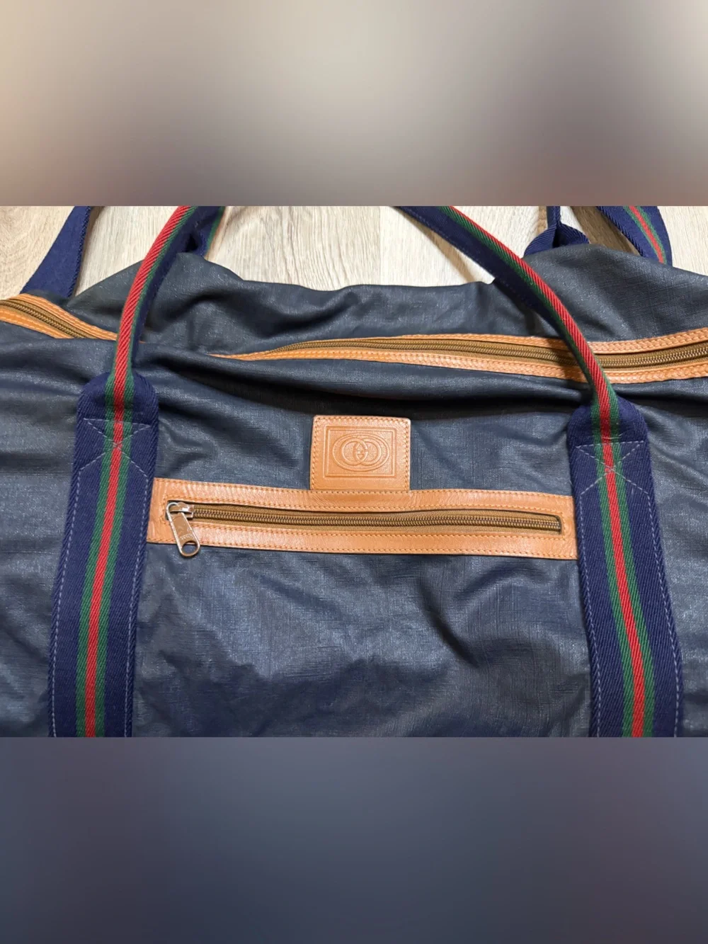 Gucci Navy Duffel Bag with Tan Leather Trim and Red-Green Stripe Webbing