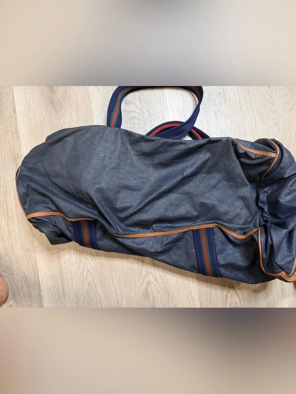 Gucci Navy Duffel Bag with Tan Leather Trim and Red-Green Stripe Webbing