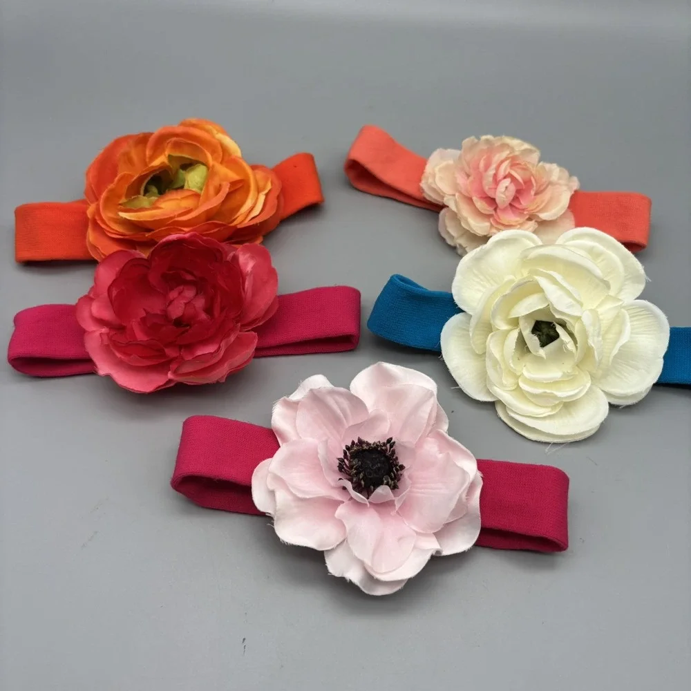 5 Pc. Large Flower Hair Bow on‎ Knit Headband Lot Gift Set Baby Girl