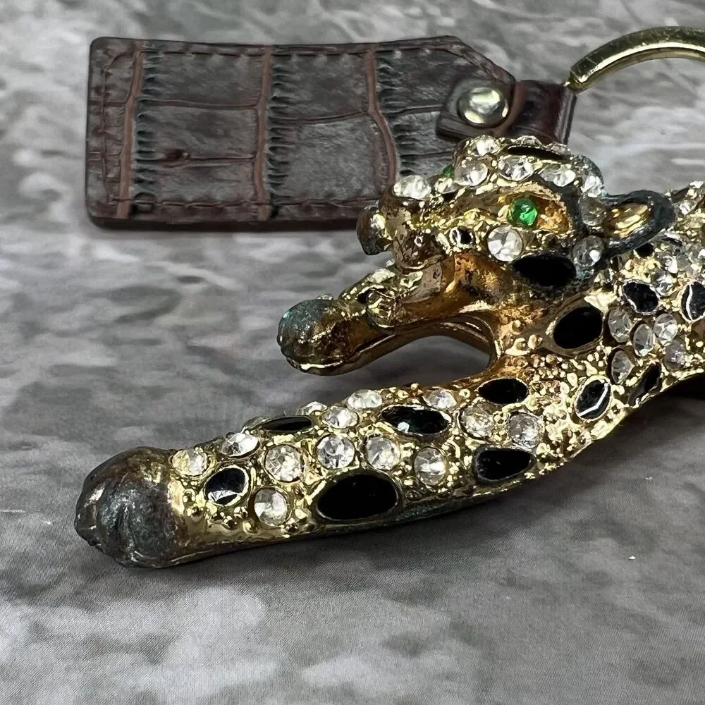 VTG Panther Leopard Keychain Clasp Gold Tone Crystal Rhinestones Enamel