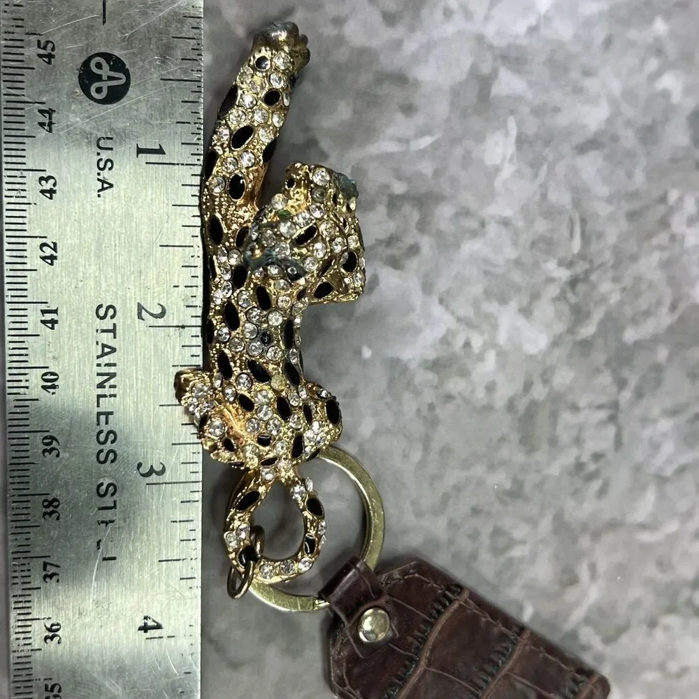 VTG Panther Leopard Keychain Clasp Gold Tone Crystal Rhinestones Enamel