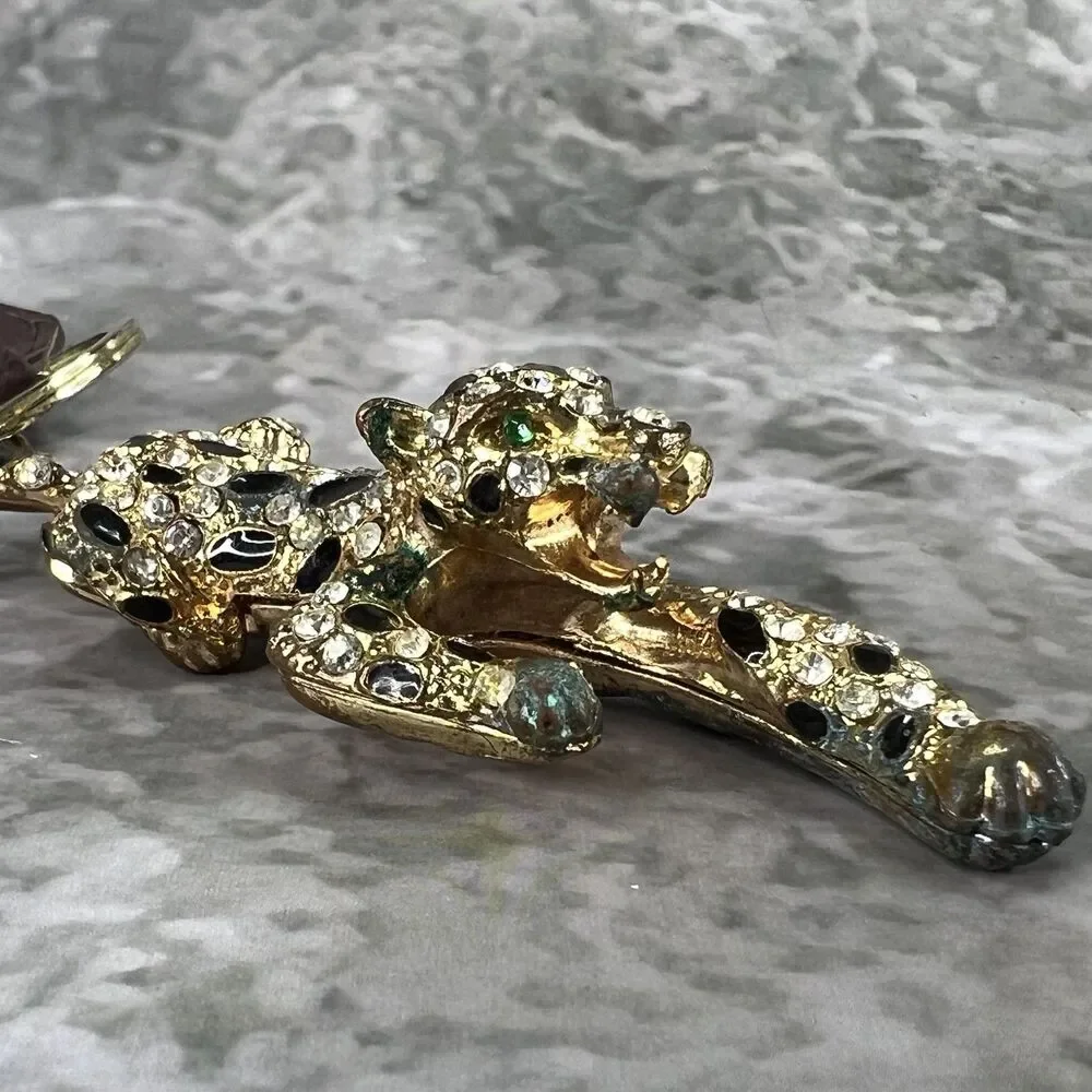VTG Panther Leopard Keychain Clasp Gold Tone Crystal Rhinestones Enamel