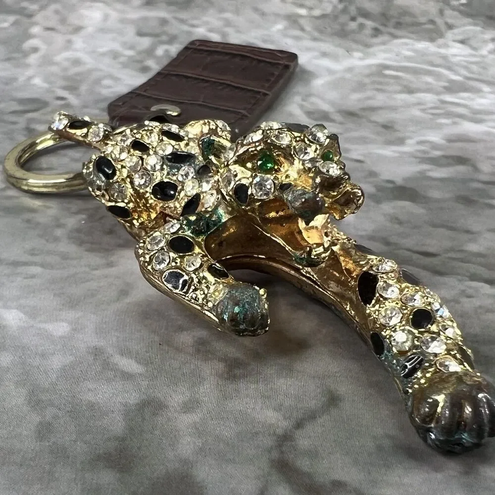 VTG Panther Leopard Keychain Clasp Gold Tone Crystal Rhinestones Enamel