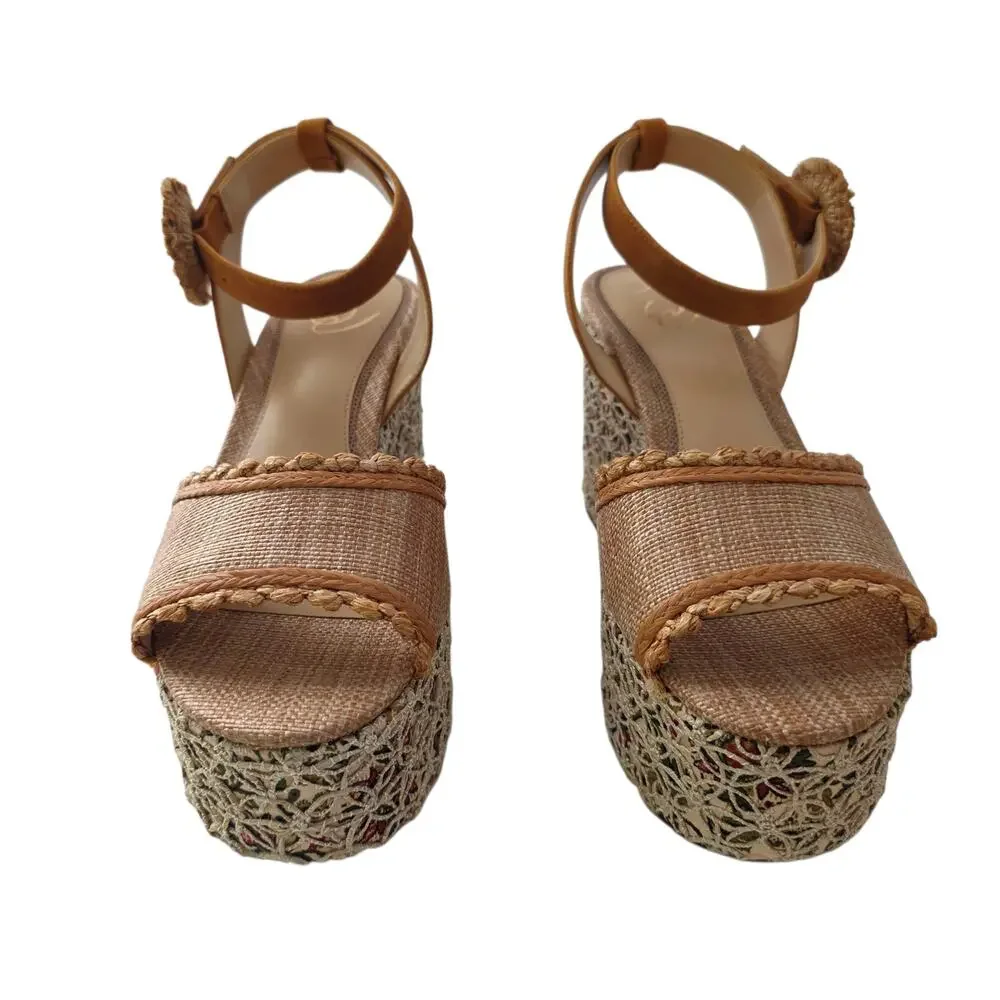 Sam Edelman Tan Floral Amber Espadrille Platform Ankle Strap Sandals Size 9