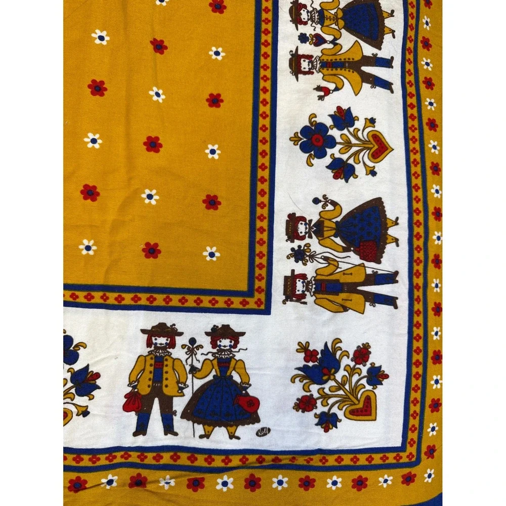 Vintage Made in Austria Cotton Tablecloth Mustard Yellow Folk Art Figural Border