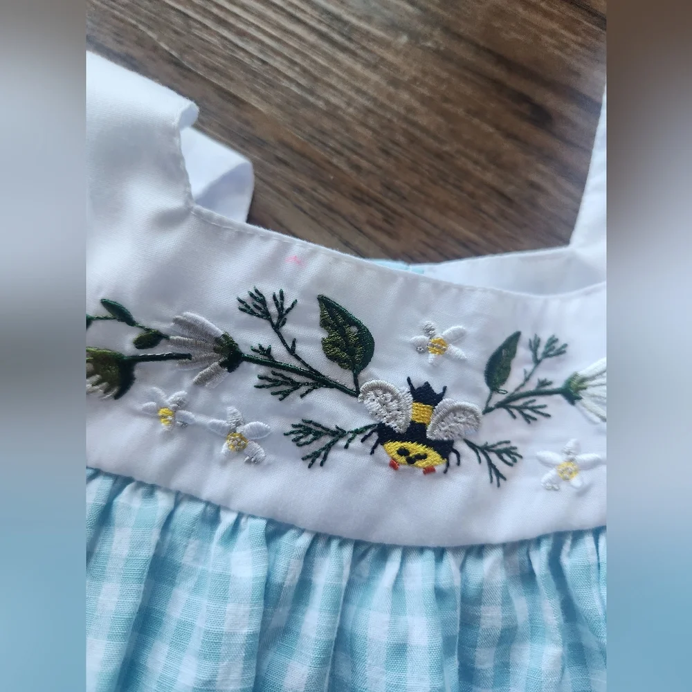 Blue Gingham Dress with Floral Embroidery