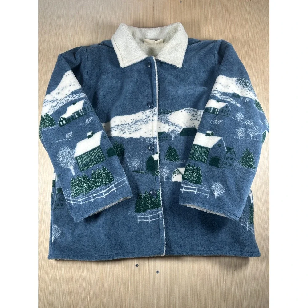 Vintage 90s St. John's Bay‎ Fleece Jacket Womens 2X Blue Hillside All Over Print