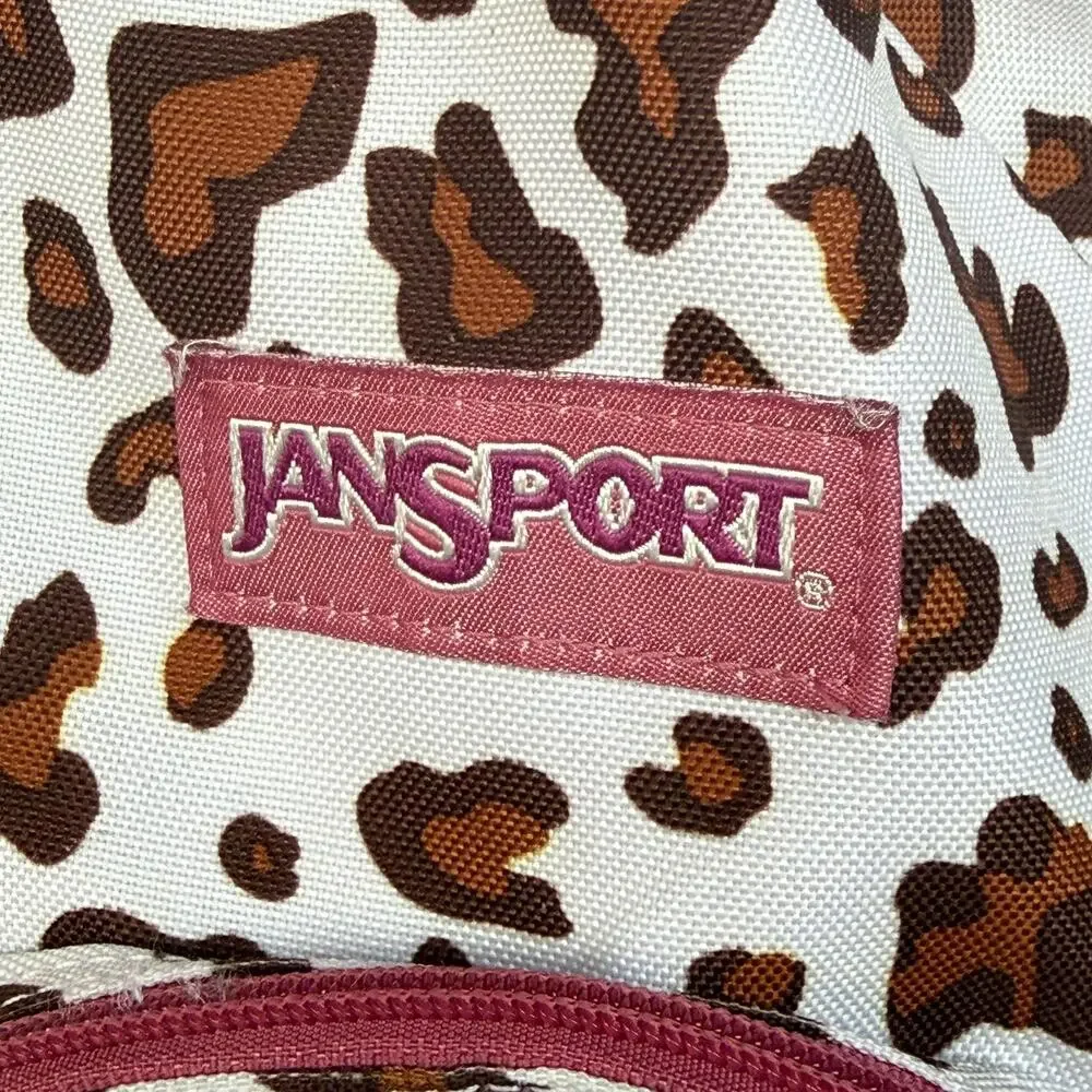 JanSport‎ Mini Backpack Leopard Animal Print White Brown Pink Trim Zip Pocket