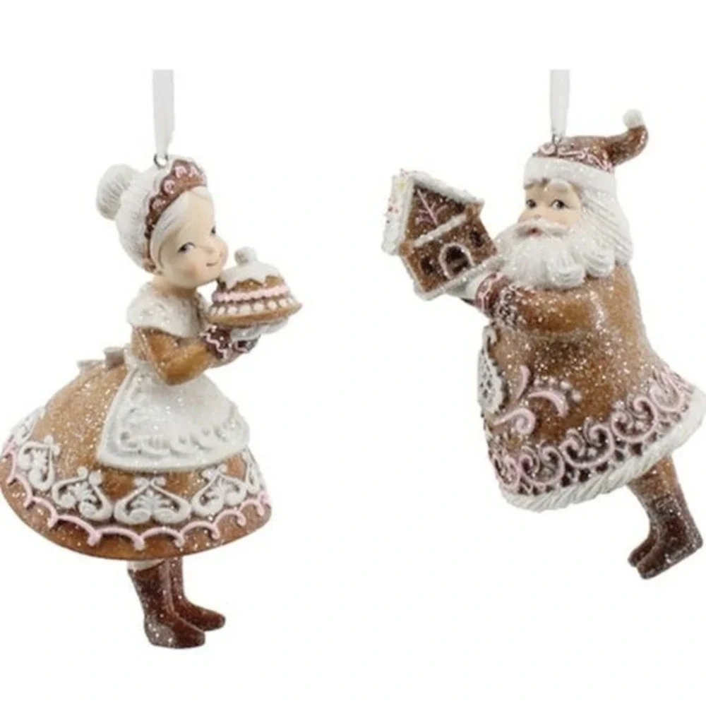 Neutral Tan Glittery Gingerbread Santa and Mrs Claus Baker Christmas Ornaments