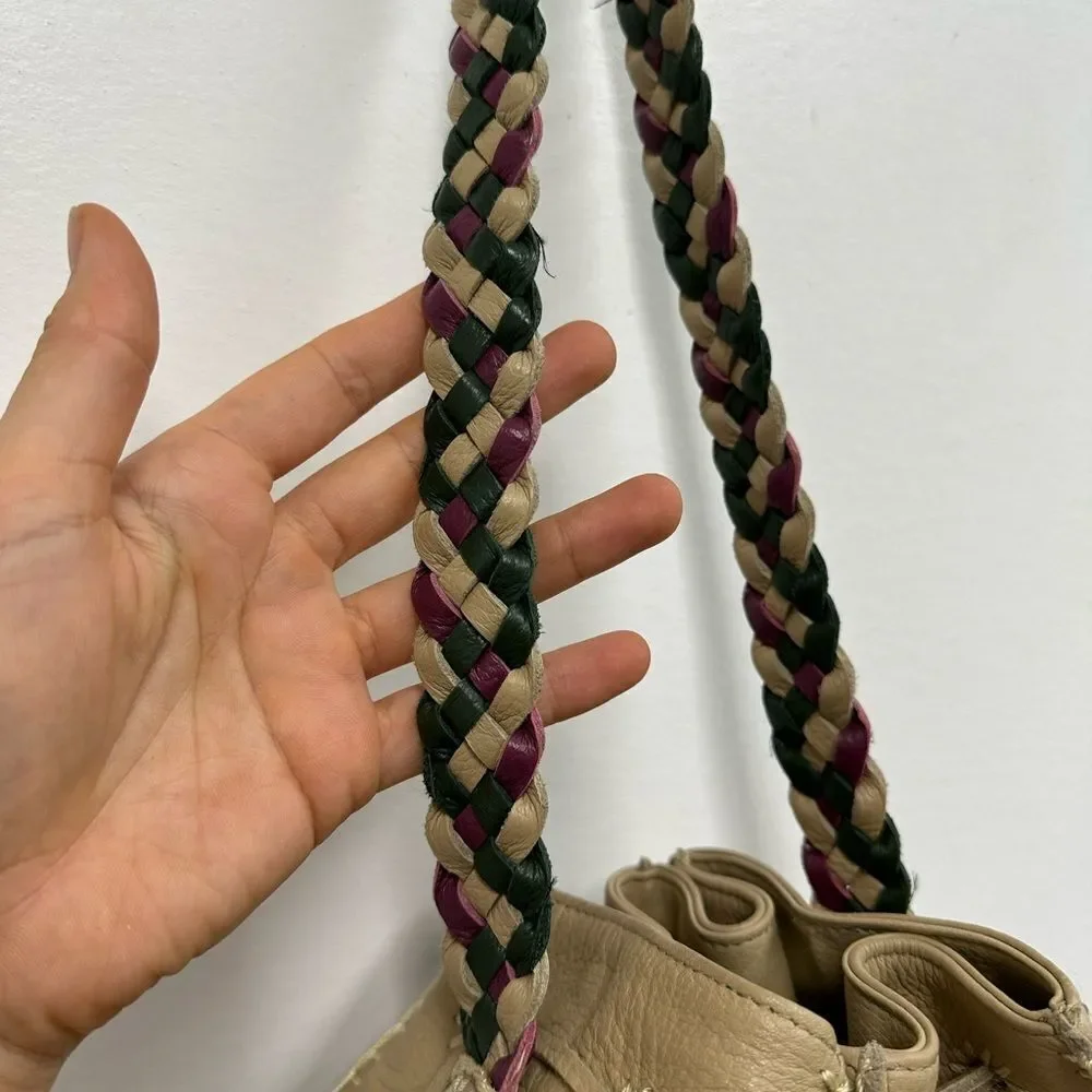 Valerie Steven’s Beige Leather Small Bucket Shoukder Bag Braided Leather Strap