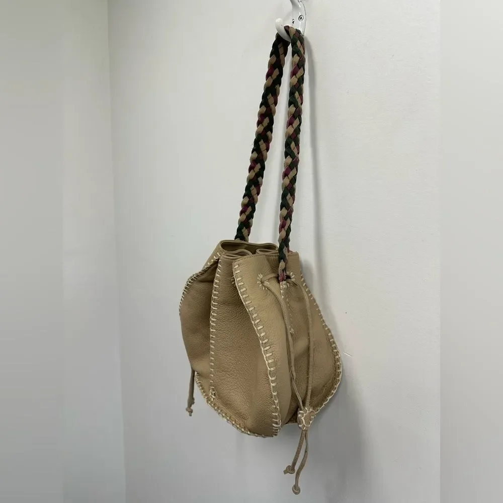 Valerie Steven’s Beige Leather Small Bucket Shoukder Bag Braided Leather Strap