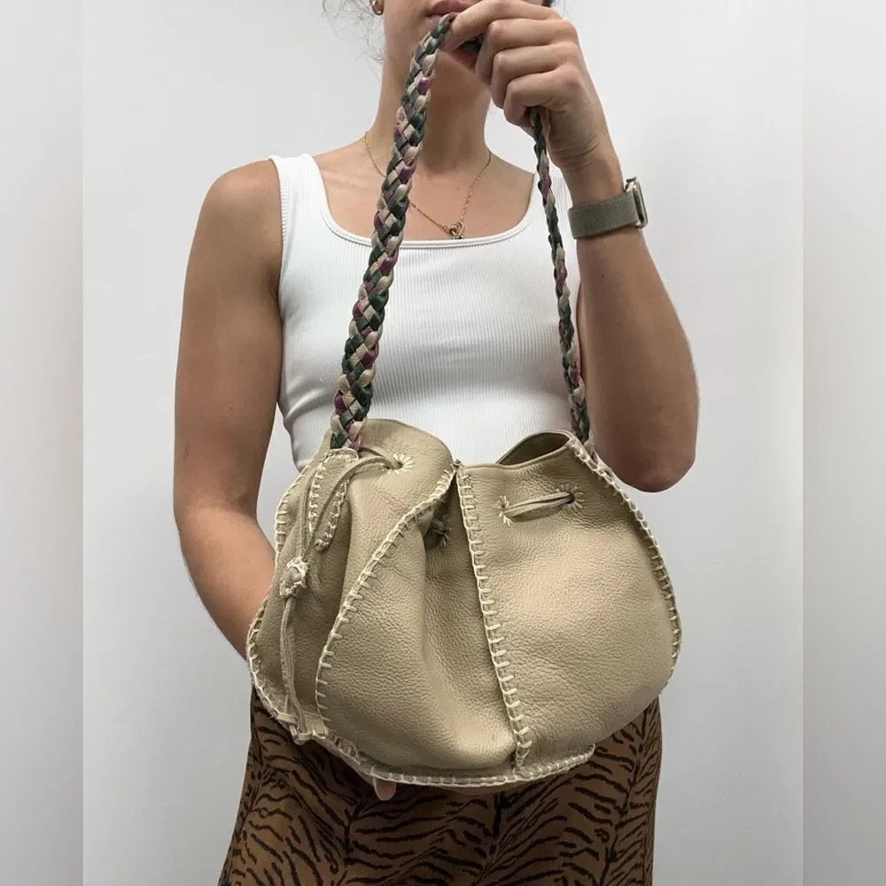 Valerie Steven’s Beige Leather Small Bucket Shoukder Bag Braided Leather Strap