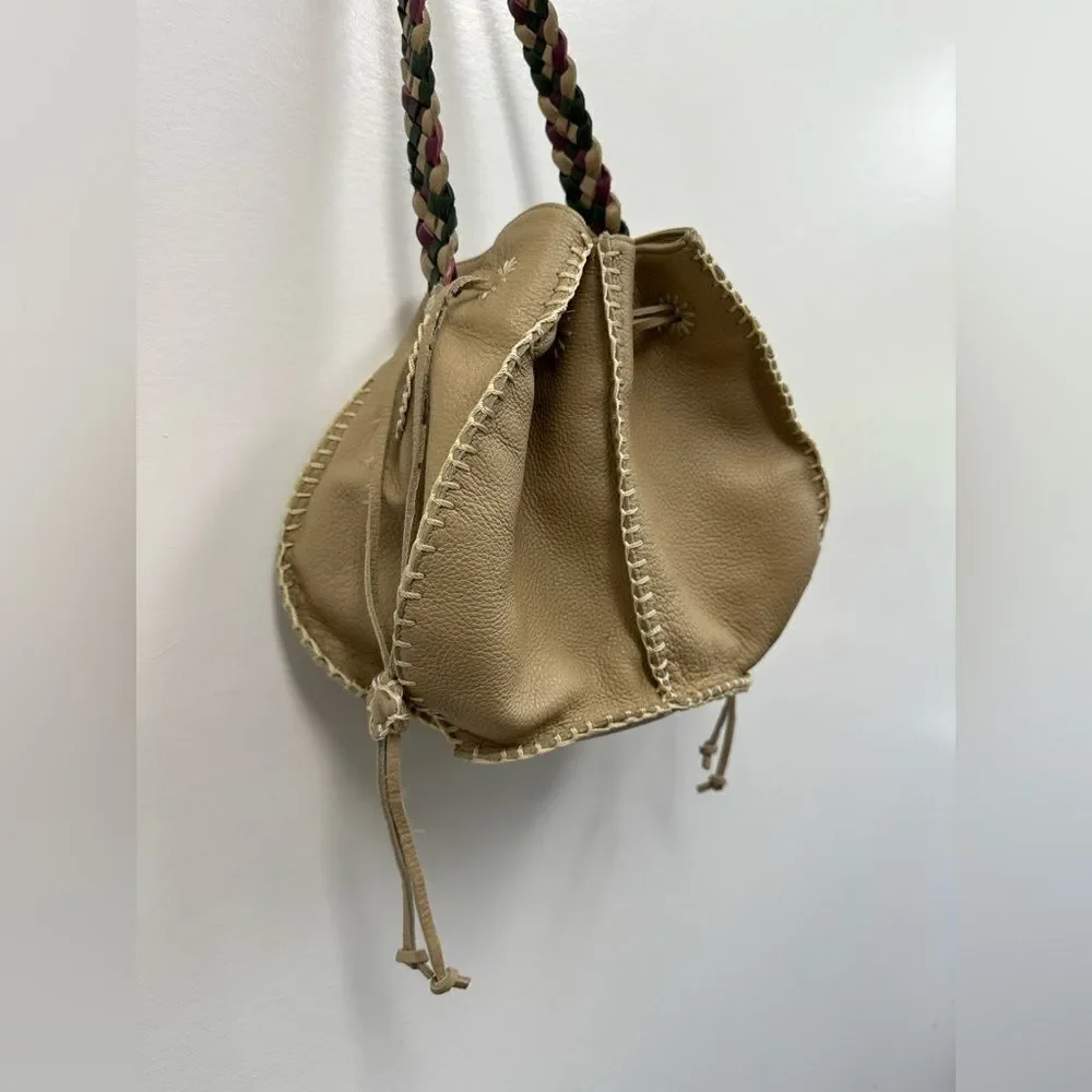 Valerie Steven’s Beige Leather Small Bucket Shoukder Bag Braided Leather Strap