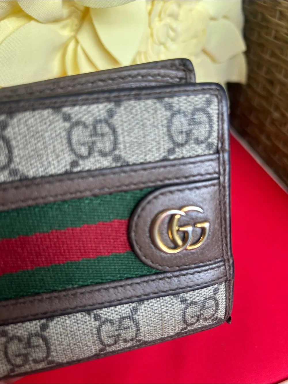 Gucci Brown GG Canvas Wallet with Green and Red Web Stripe