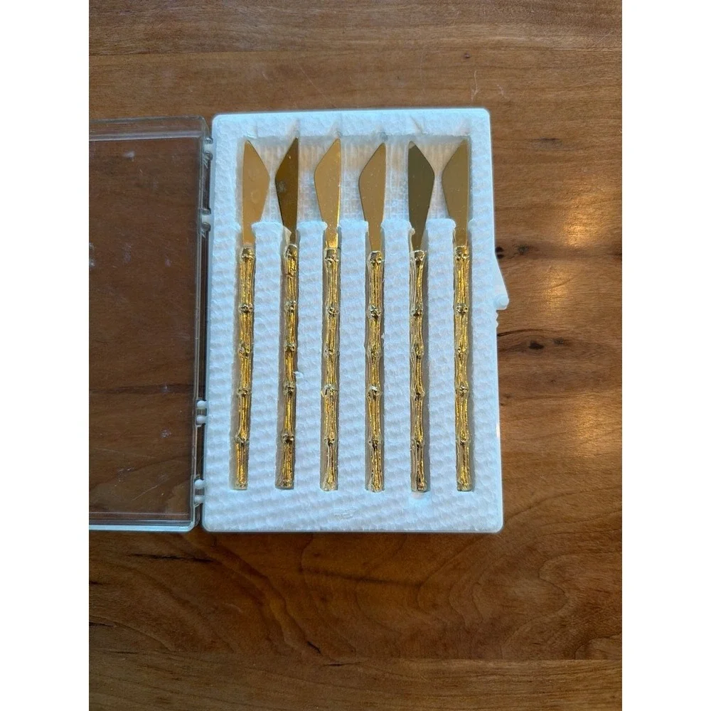 Vintage MCM Gold Plated Bamboo‎ Handle Appetizer Cocktail Spreaders Set of 6
