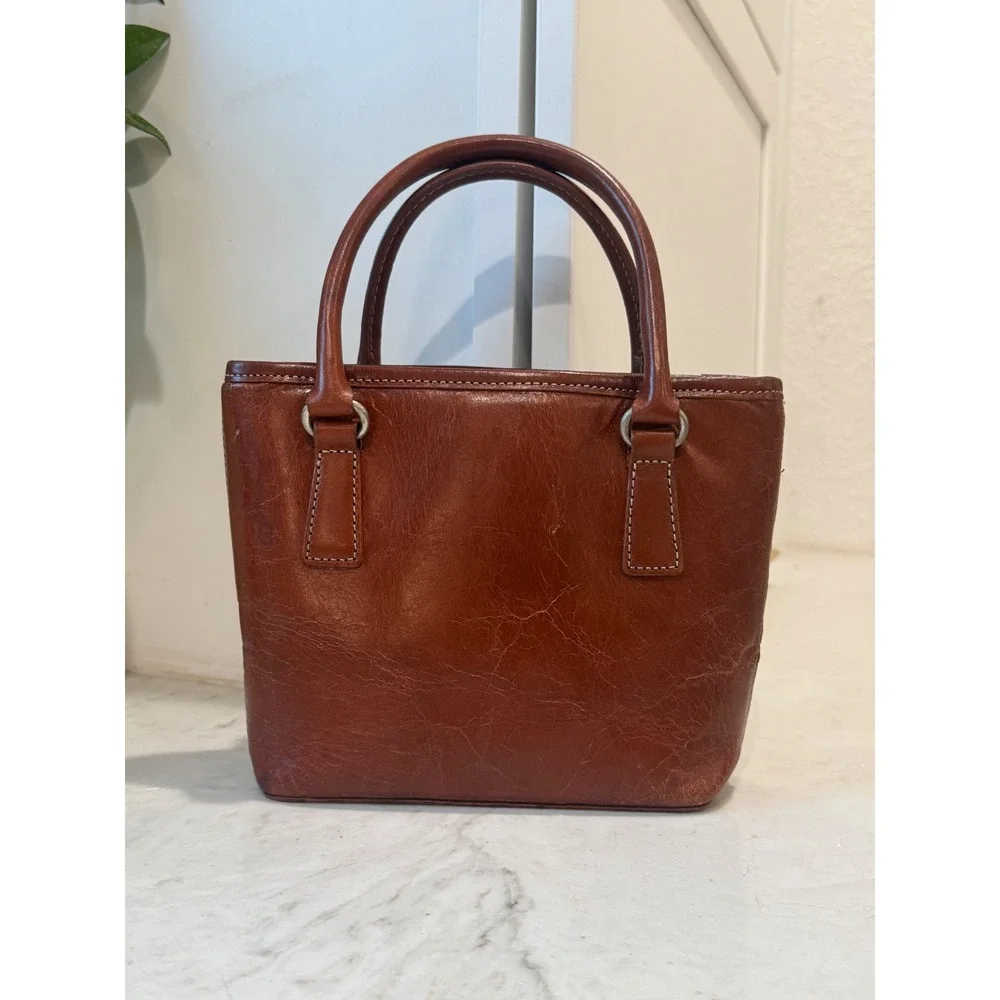 Fossil Mini Tote Hand Bag Womens Small Brown Leather Vintage Contrast Stitch