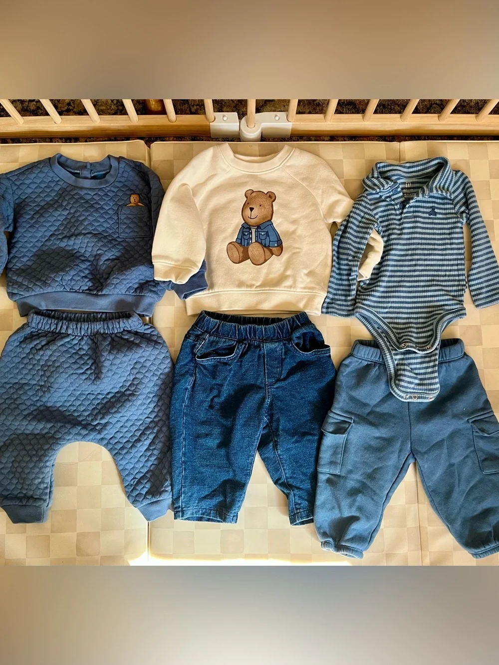 NWOT 3 Baby Gap matching sets - Blue sweatshirts, sweatpants, jeans, onesie
