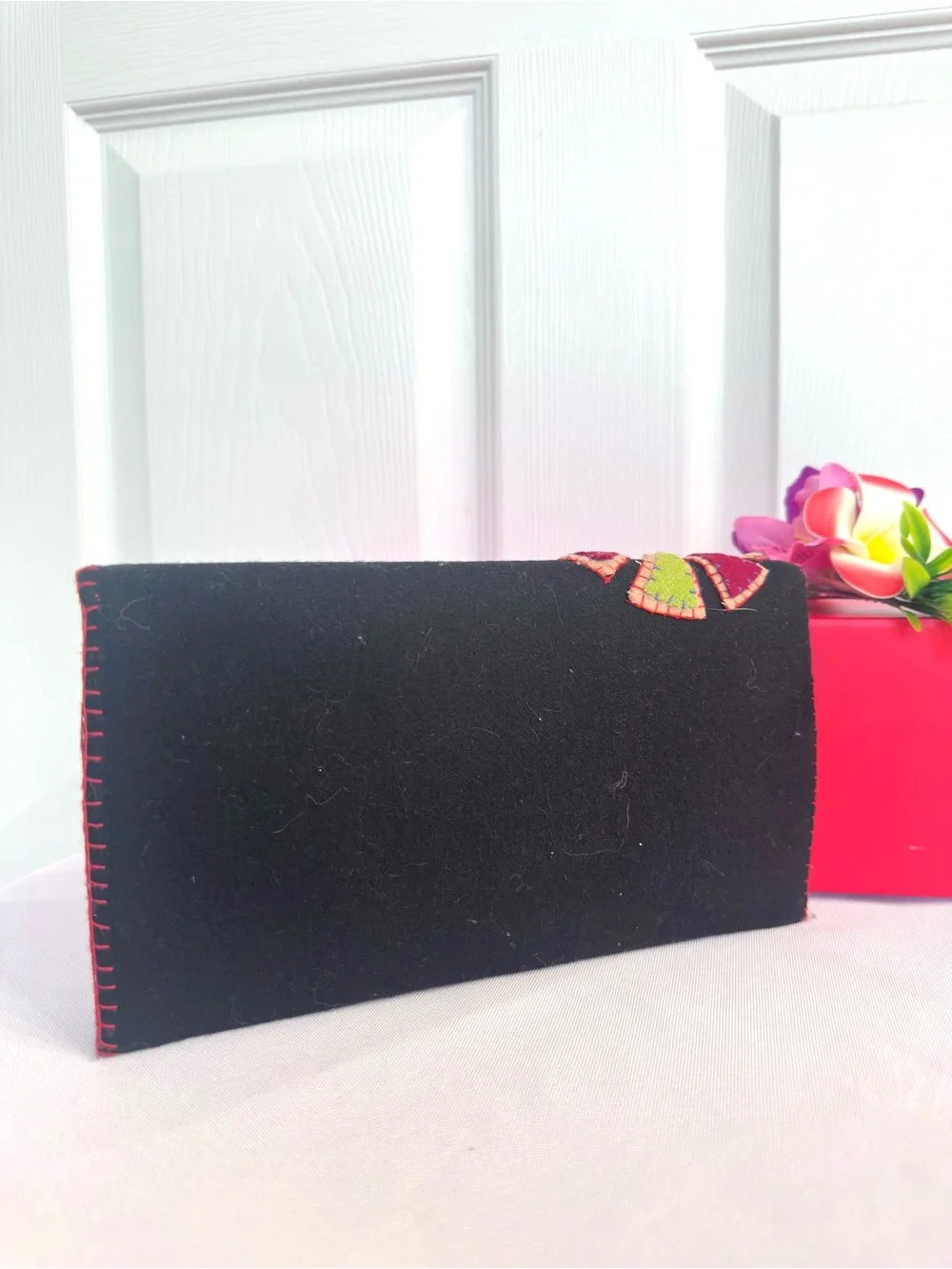WALLET ~ Handcrafted Black Felt Floral Wallet w/Multicolor Appliqué Accents