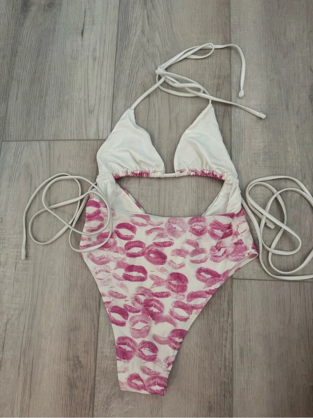 Frankie's Bikinis White One-Piece with Pink Lip Print