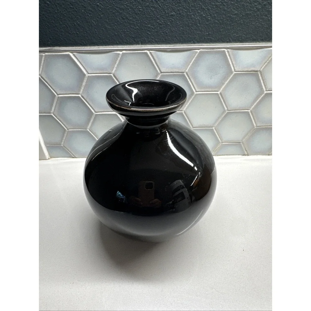 Haegar Vase Vintage 90s Solid Black Gloss Glaze Original Sticker Halloween Decor