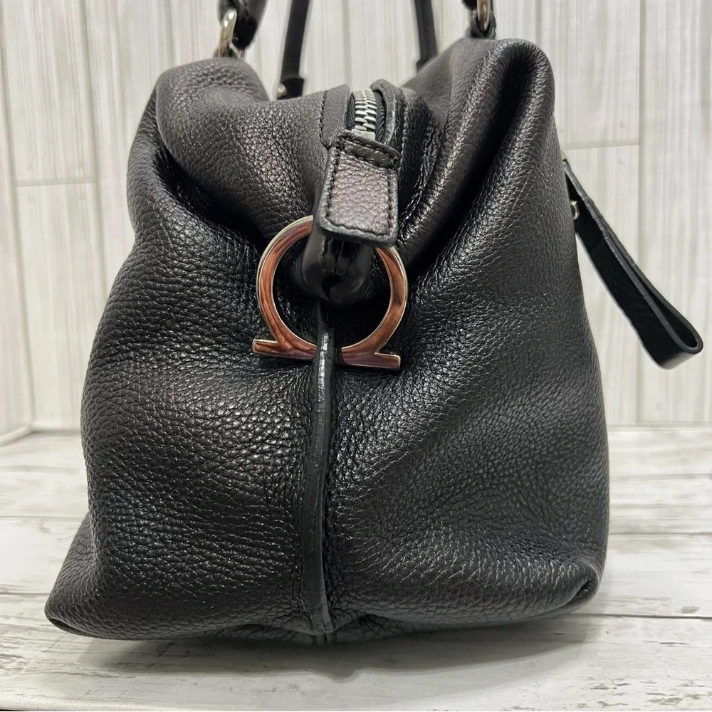 Salvatore Ferragamo Black Pebbled Leather Satchel Tote Bag Top Handle Purse