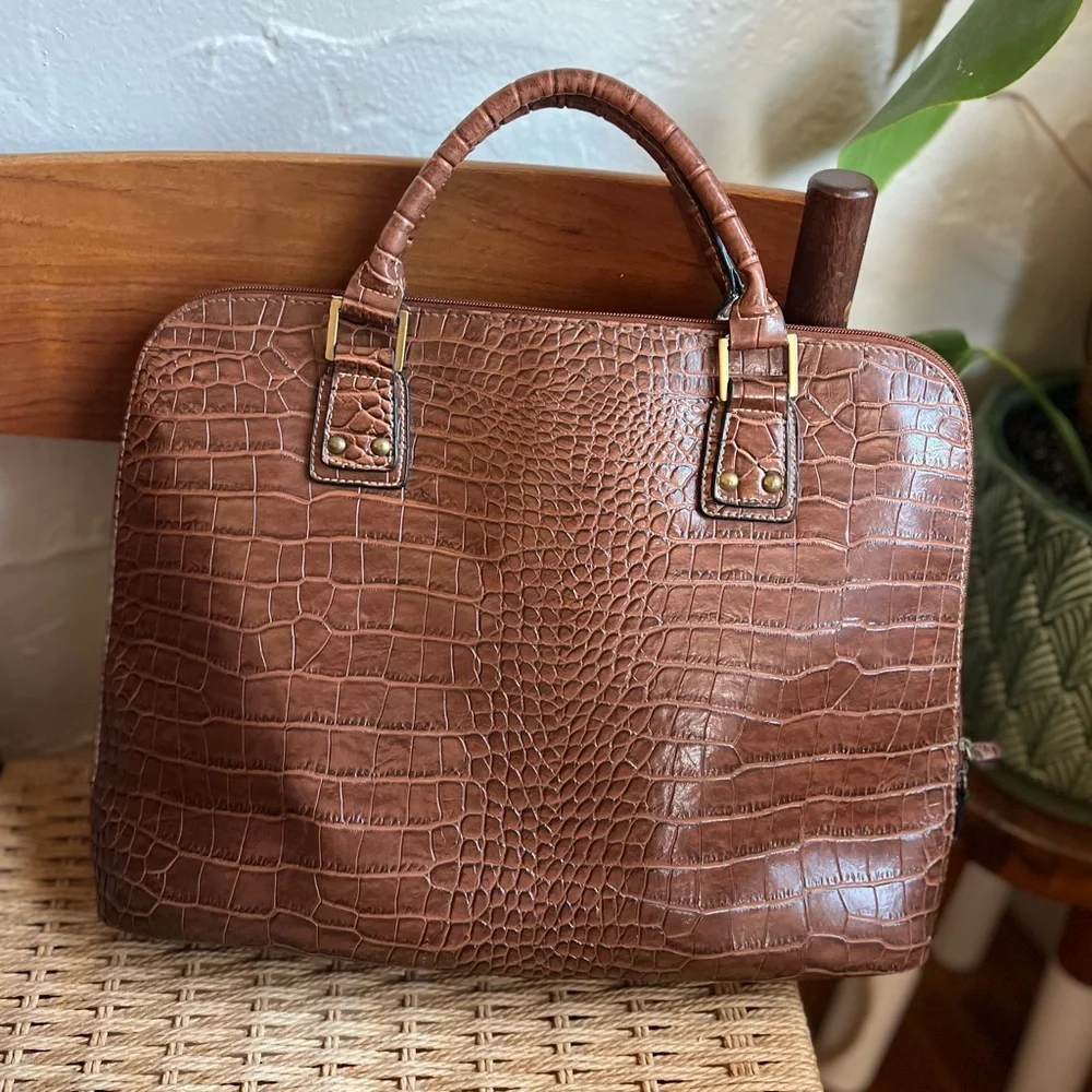 Vintage Croc Embossed Brown Vinyl Laptop Bag Briefcase 12x16 Work Office
