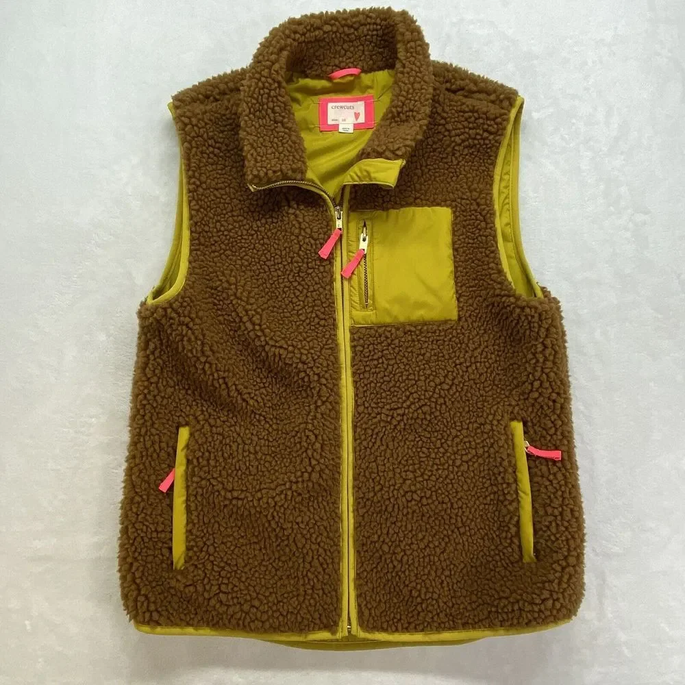 CREWCUTS J CREW Vest Girls 16 Sherpa Cozy  Fleece Brown Yellow Green‎
