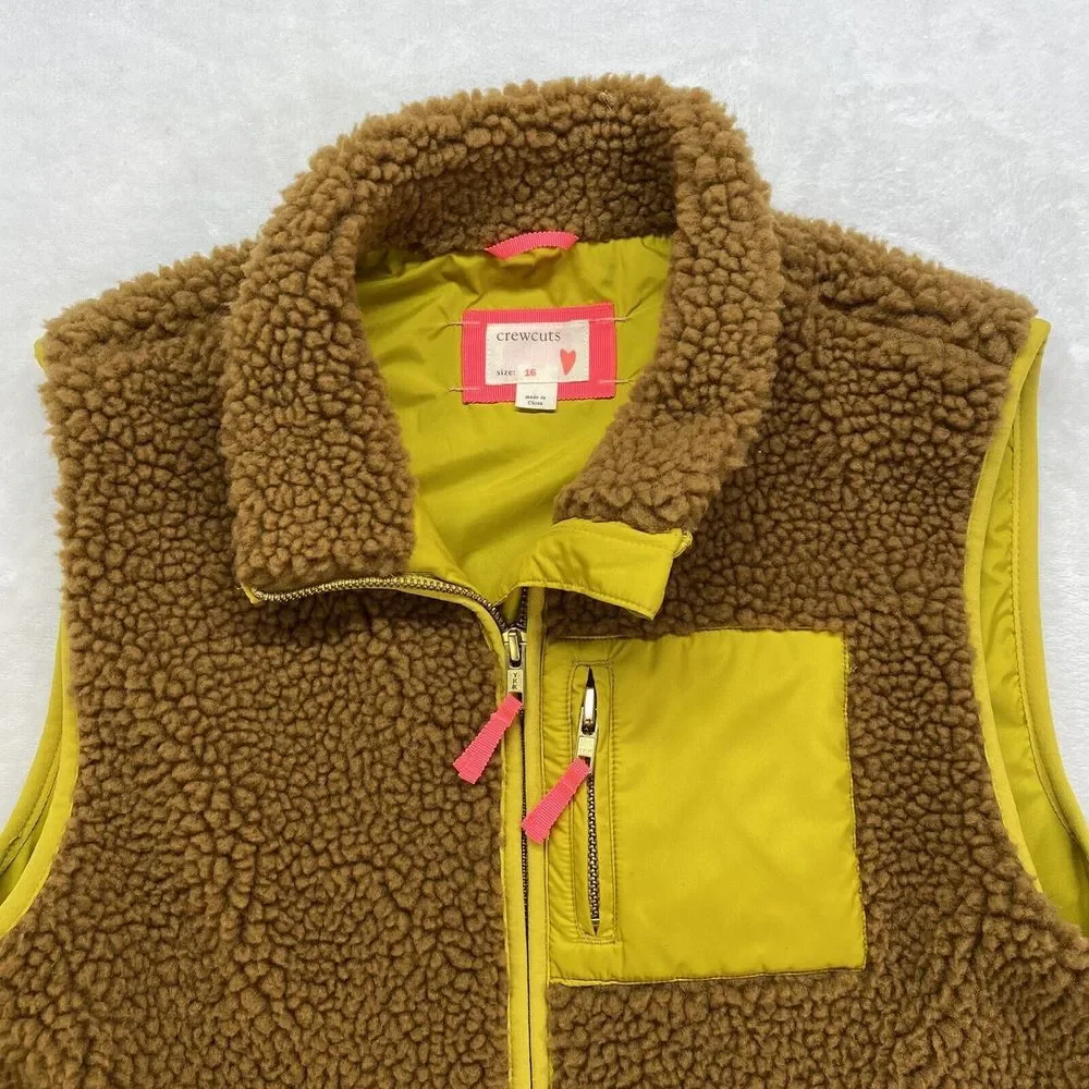 CREWCUTS J CREW Vest Girls 16 Sherpa Cozy  Fleece Brown Yellow Green‎