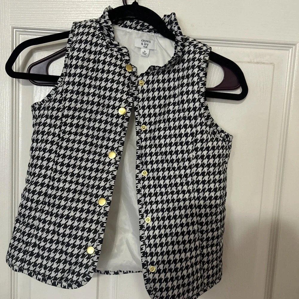 New Crown And Ivy Kids Vest Houndstooth Snap Quilted Black & White Size‎ 6x