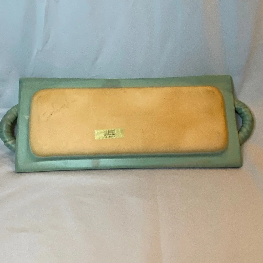 Jan Sadowski Pottery Serving Tray Dish Green Ceramic Handles Decorative‎ Art