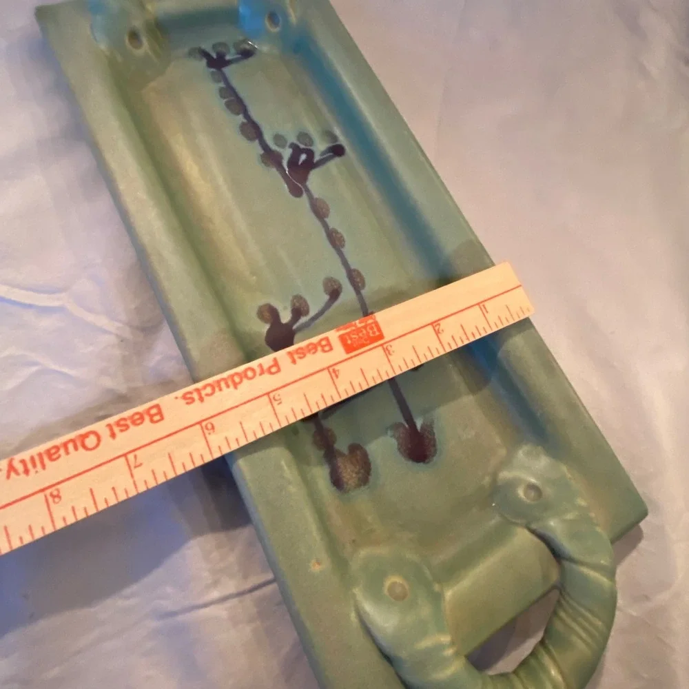 Jan Sadowski Pottery Serving Tray Dish Green Ceramic Handles Decorative‎ Art