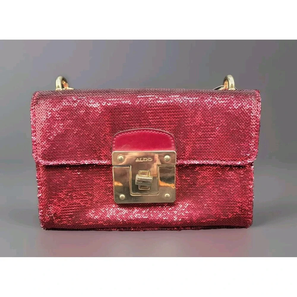 Aldo Red Sequent Handbag W/ Yellow Metal Chain Adjustable‎ Evening Event Purse