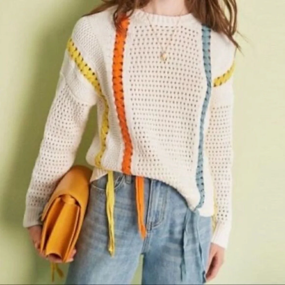 Gabby Isabella White‎ Cotton Knit Rainbow Ribbon Lace Up Sweater L Spring Easter